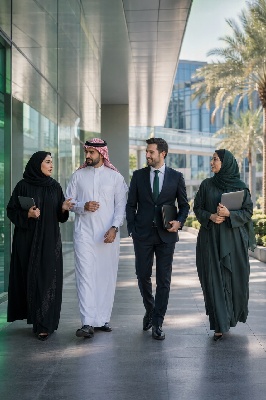 Saudi men and women technology professionals walking through a modern business district